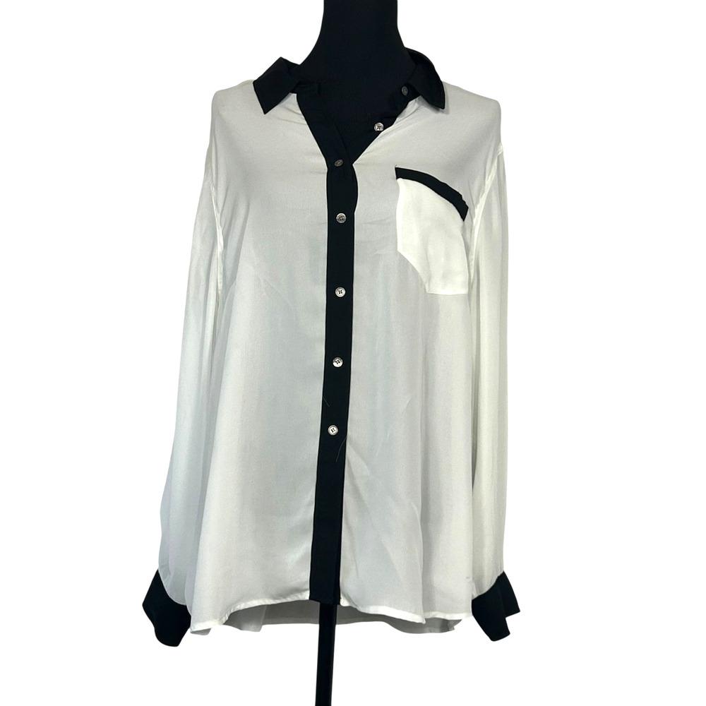 Vince Camuto Sheer Button Up Blouse Womens 2X Plus Black White Silky Long Sleeve